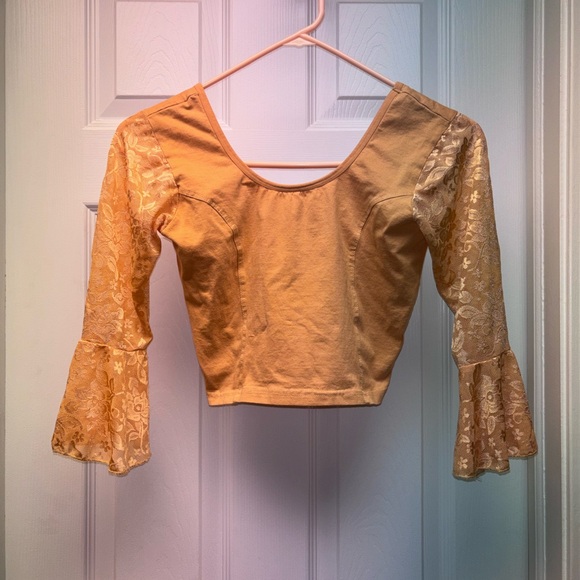 Tops - Mustard Lace Bell Sleeve Cropped Top – Boho Fairycore Festival Style